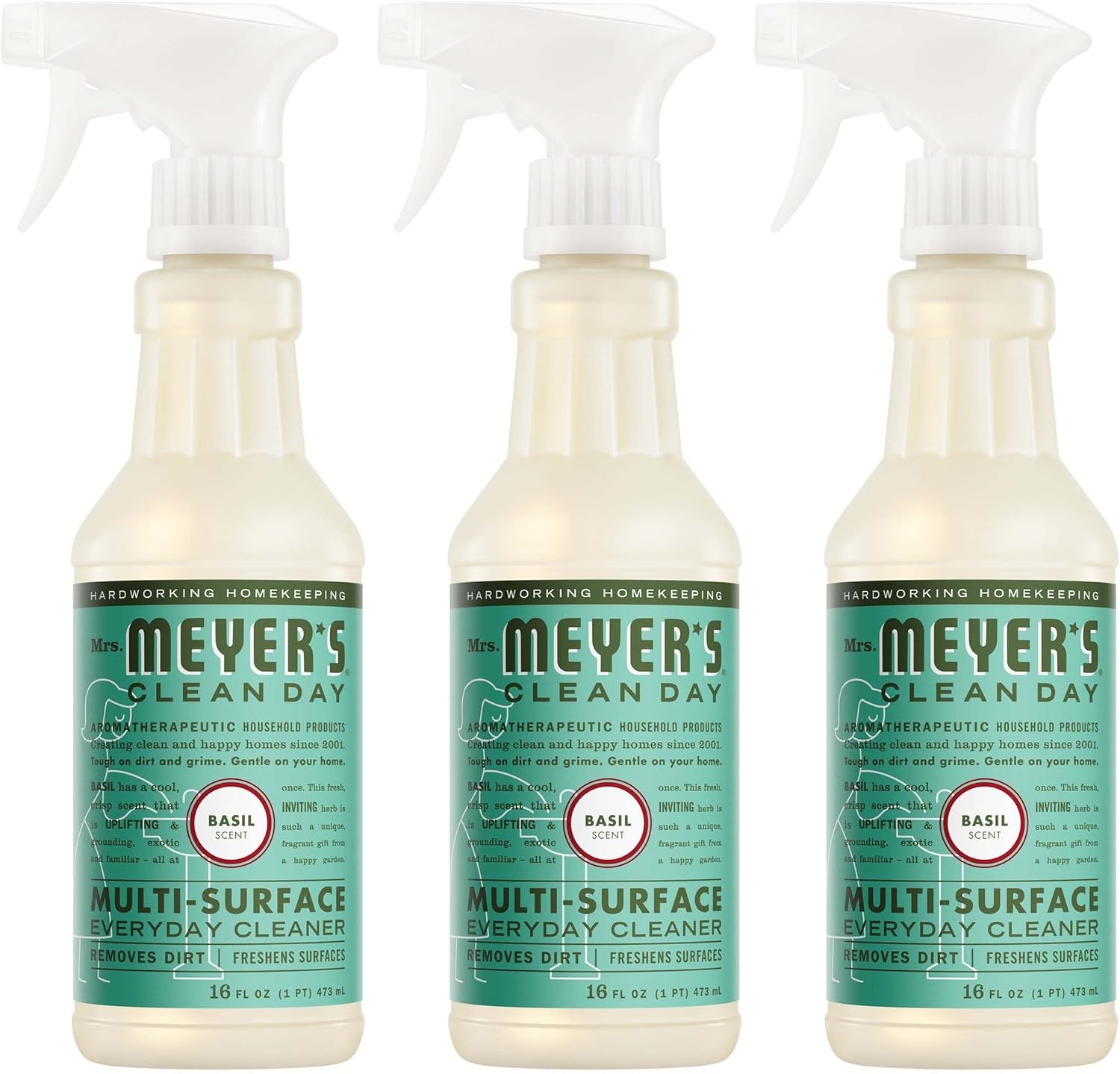 Mrs. Meyer's Clean Day Multi-Surface Cleaner, Basil Scent, Essential Oil Formula, 16 Fl Oz Spray Bottle